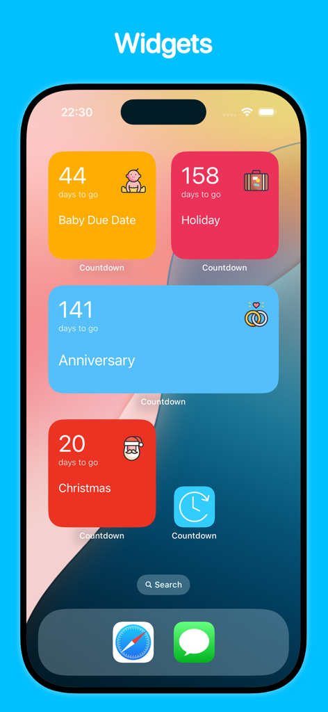Countdown: Event Countdown - Tela inicial do iPhone exibindo widgets coloridos de contagem regressiva para data prevista de parto, feriado, aniversário e Natal