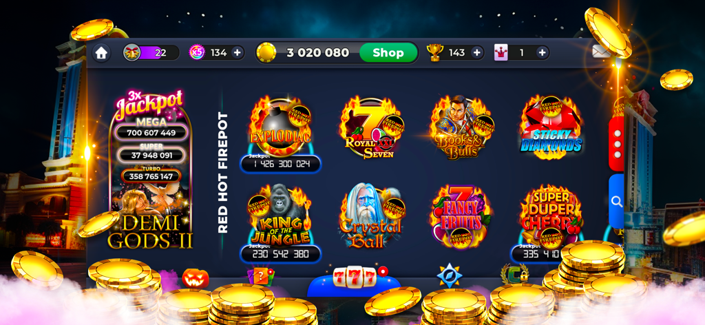 YOURE Casino - online slots - Main interface of the YOURE Casino app displaying various themed slot games like Demi Gods II and Royal Seven