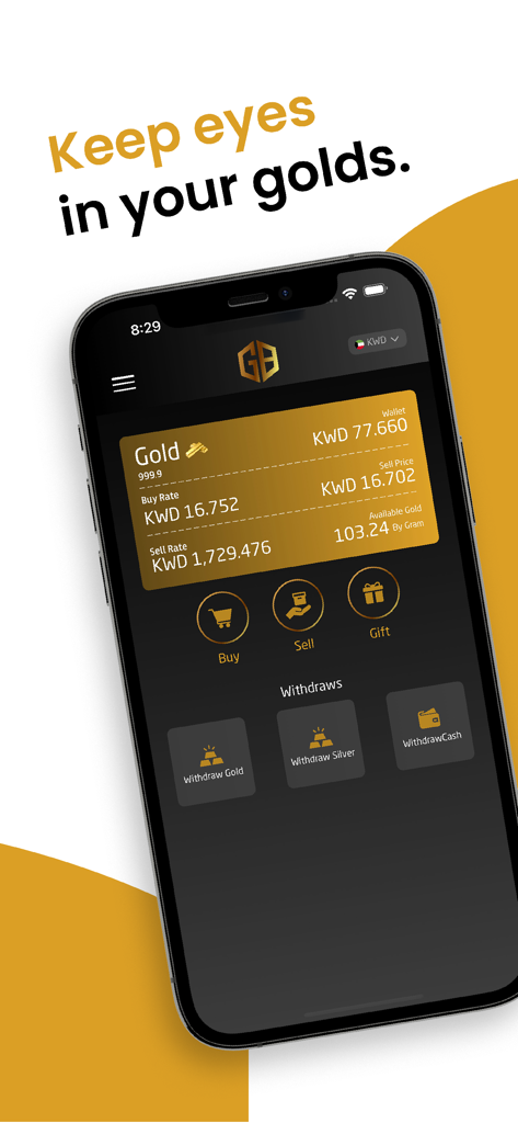 Gold Bank mobile app dashboard showing gold rates and wallet balance