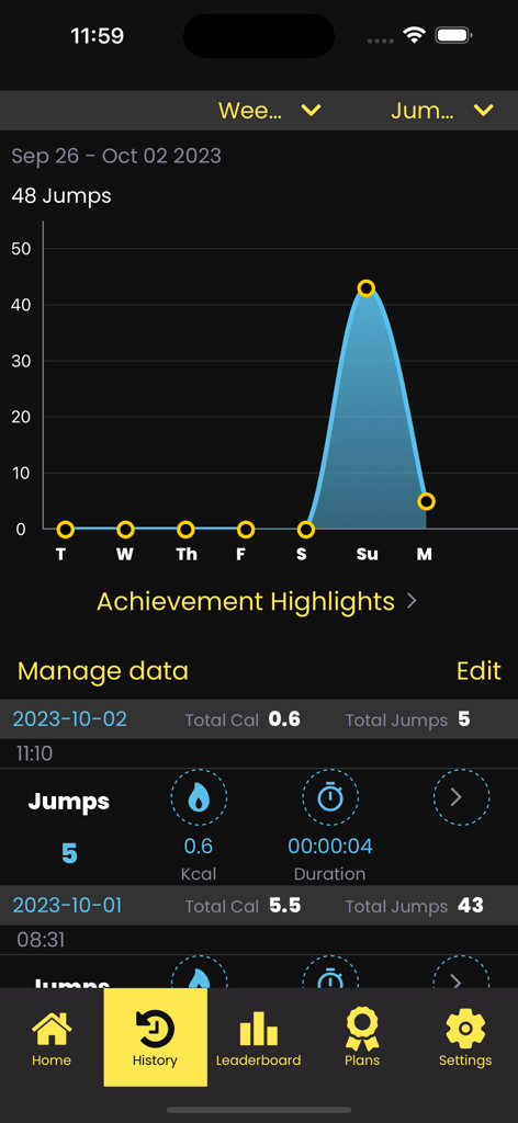 Jump Rope Counter with Calorie - Jump rope app history screen showing a weekly progress graph and logs of jumps and calories burned