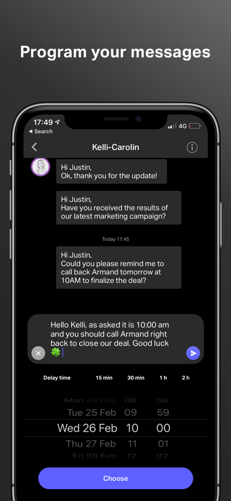 Onoff Business app interface for programming and scheduling messages on a second professional number