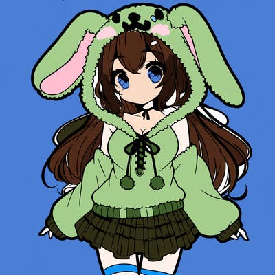 pretty anime girl wearing a fluffy hoodie with bunny ears on the hood and a skirt