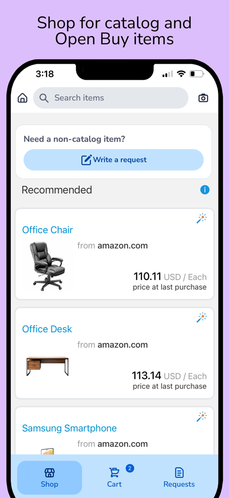 Coupa Mobile app shopping screen displaying office supplies from a corporate catalog