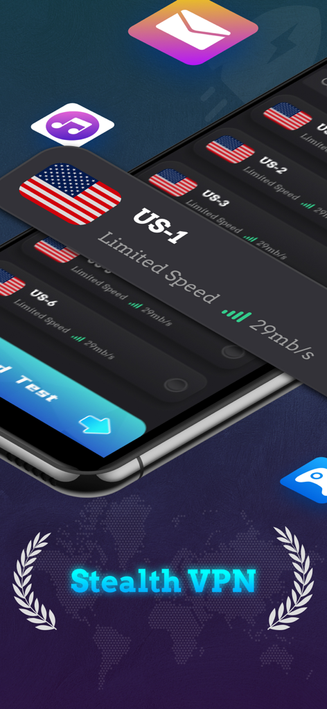 Stealth VPN app interface showing a list of US server locations and connection speeds
