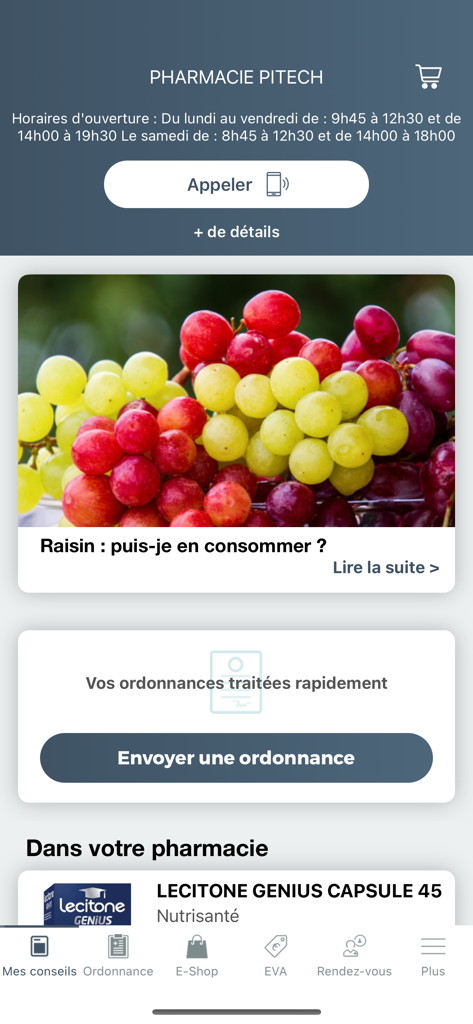 EVA Santé - Interfaz de la aplicación de farmacia EVA Santé que muestra la carga de recetas y funciones de asesoramiento de salud.