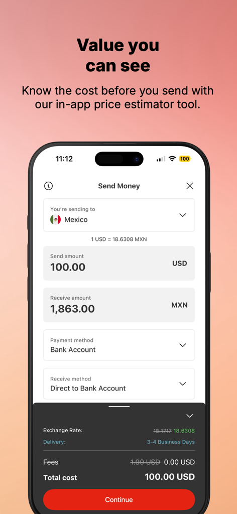 MoneyGram® Money Transfers App - L'interface de l'application MoneyGram affiche le taux de change et les frais de transfert pour envoyer de l'argent au Mexique.