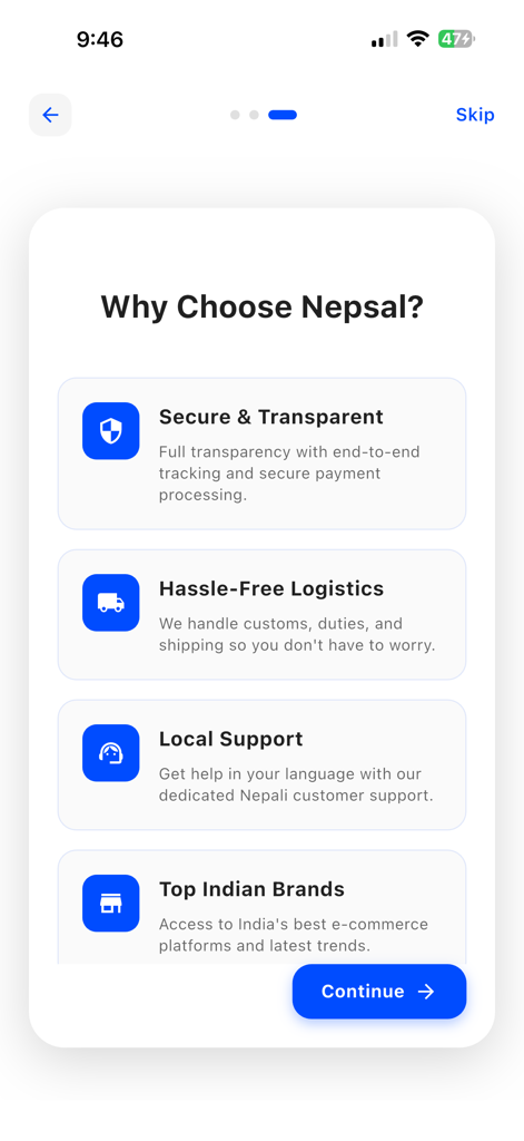 Onboarding screen of the Nepsal app highlighting its key benefits including secure payments, hassle-free logistics, local support, and access to top Indian brands.
