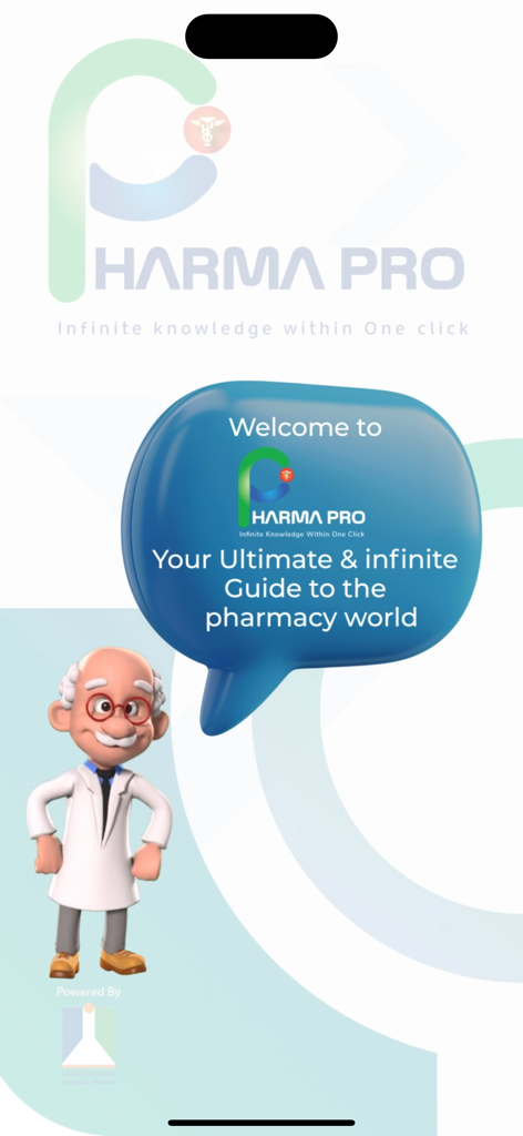 Welcome screen of Pharma Pro app featuring a cartoon pharmacist character and a message about being the ultimate guide to the pharmacy world.