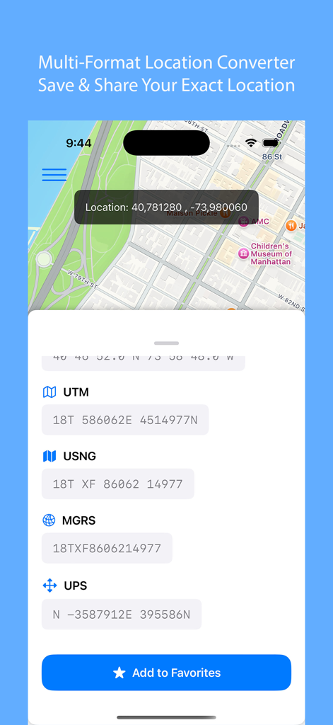 Global Locator app interface showing a city map and GPS coordinates in UTM MGRS and USNG formats
