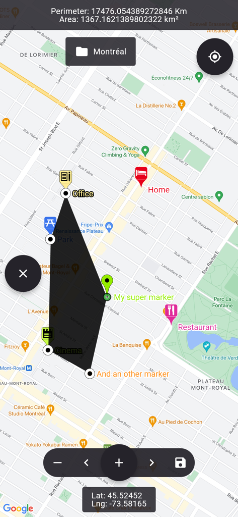 Vista de mapa que muestra una forma de polígono personalizado con cálculos de área y perímetro sobre el diseño de una ciudad