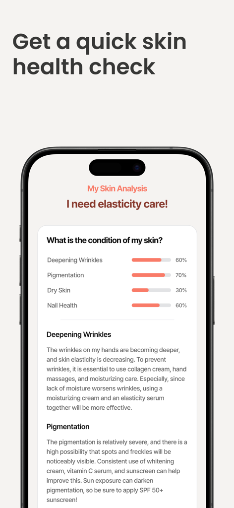 PalmPath - PalmPath app interface showing a hand skin health analysis with metrics for wrinkles and pigmentation