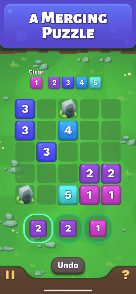 Gameplay de Merge Cube Skill Practice montrant un plateau de puzzle avec des tuiles numérotées et des obstacles