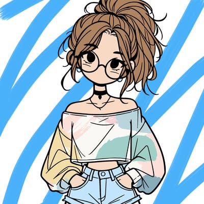 girl with a messy ponytail glasses a baggy crop top and jean shorts