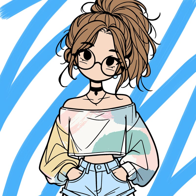 girl with a messy ponytail glasses a baggy crop top and jean shorts