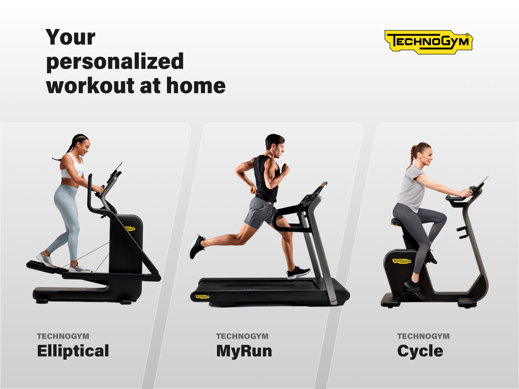 Technogym Live - Three people using the Technogym Elliptical, MyRun treadmill, and Cycle for personalized home workouts.