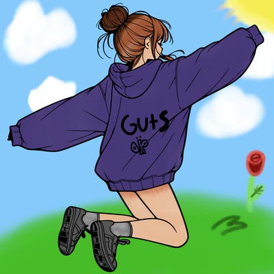 realistic girl jumping with a bun and oversized sweatshirt