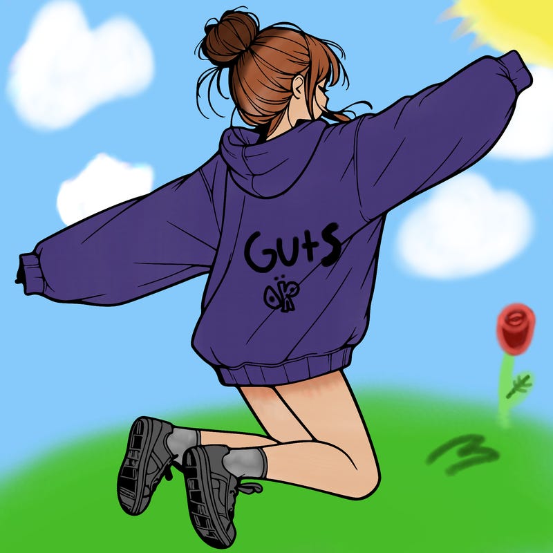 realistic girl jumping with a bun and oversized sweatshirt