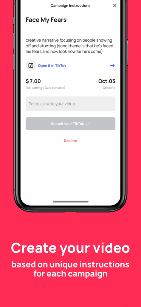 Oberfläche der Sound.me-App, die kreative Anweisungen und Verdienstmöglichkeiten für eine TikTok-Musikkampagne anzeigt