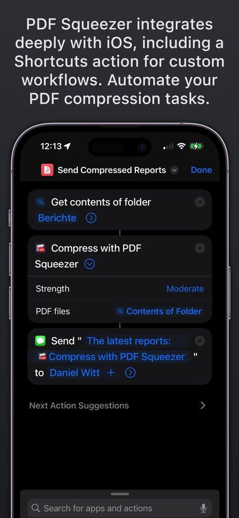 PDF Squeezer iOS Shortcuts Automatisierungsworkflow zum Komprimieren und Senden von Berichten