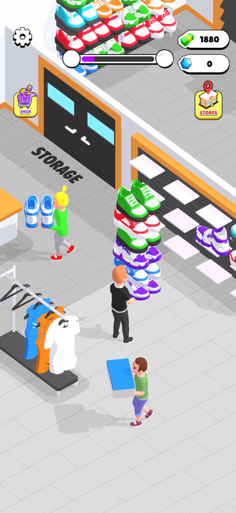 Characters managing and restocking colorful sneakers in a retail outlet store gameplay scene