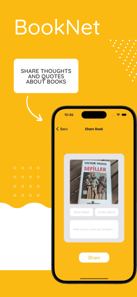 BookNet - A screenshot of the BookNet mobile app showing the interface to share book thoughts and quotes with a photo of a book.