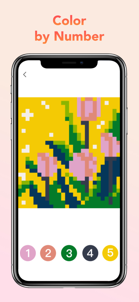 Pixel Art Book：Color By Number - Pixel Art Book app interface showing a pixelated flower artwork with a numbered color palette