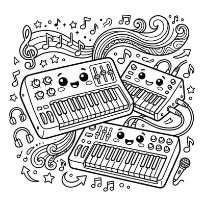 Ignite a love for music with this delightful synthesizer coloring page designed especially for kids. Featuring charming, cartoon-style instruments and playful musical elements, it's perfect for budding musicians.