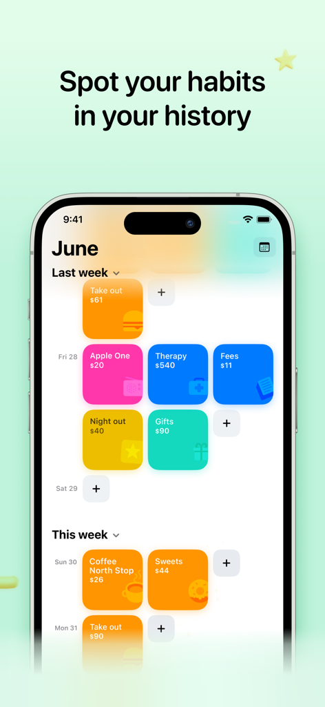 Gem - Money tracker - A visual timeline of categorized expenses and spending habits in the Gem money tracker app.