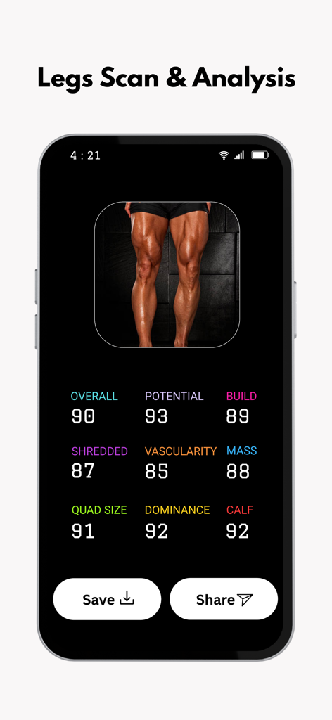 BodyIQ – Track Your Body - BodyIQ mobile app displaying AI legs scan and muscle analysis metrics