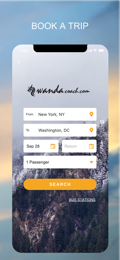 Wanda Coach - Wanda Coach mobile app interface for booking a bus trip from New York to Washington DC