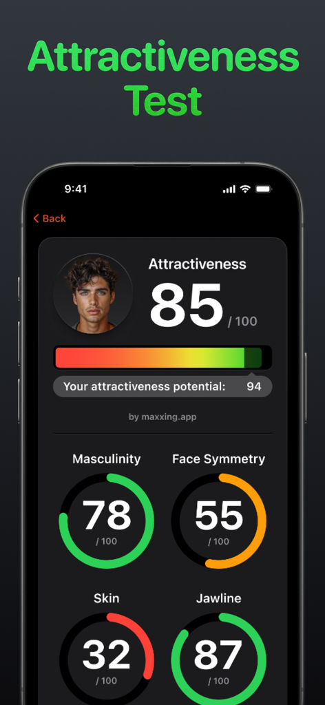 A mobile app screen displaying an attractiveness test score with detailed facial analysis for masculinity, symmetry, skin, and jawline.