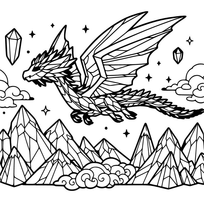 a crystal dragon flying over mountains