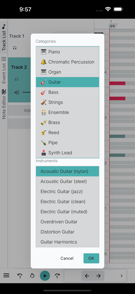 Midify app interface showing a list of musical instrument categories and specific guitar types for MIDI composition