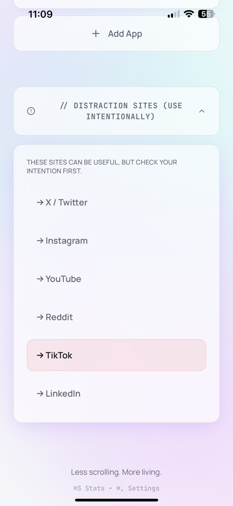 Dumbify – Minimal Launcher - A minimalist text-based list of social media apps labeled as distraction sites in the Dumbify launcher.