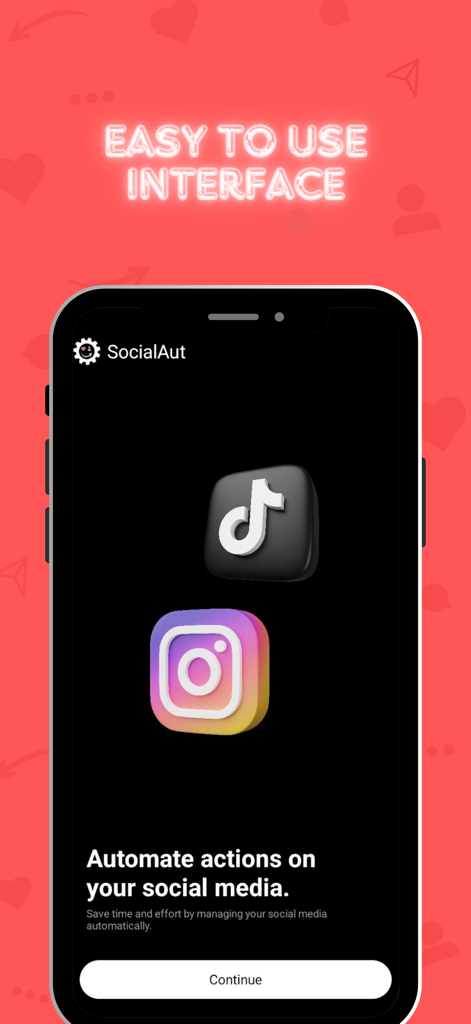 SocialAut - ソーシャルメディアでアクションを自動化するテキストとTikTokおよびInstagramのアイコンが表示されているSocialAutアプリのインターフェイス
