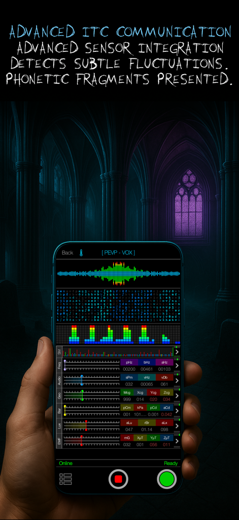 A hand holding an iPhone displaying the Ghost Science M3 app with PEVP VOX communication and sensor data inside a gothic cathedral.