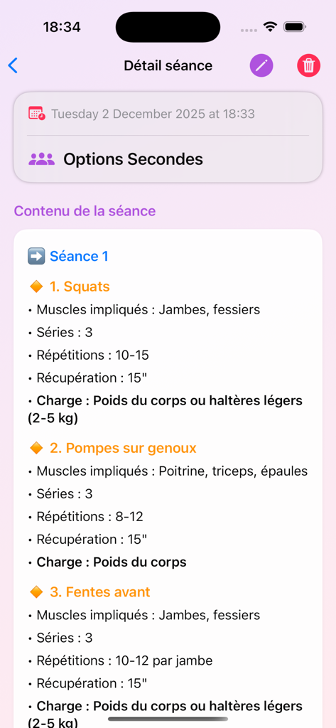 EPS Muscu AI - Vista detallada de una sesión de entrenamiento personalizada que muestra las descripciones de los ejercicios, series y repeticiones