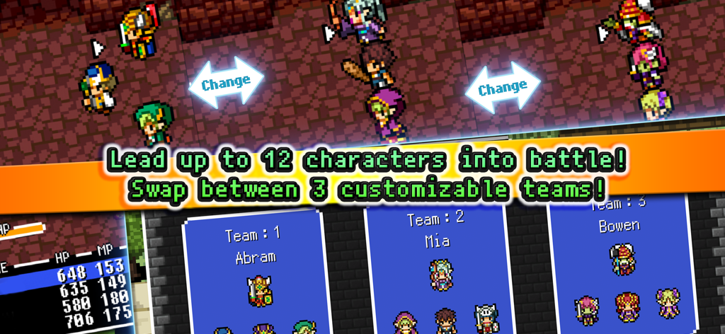 [Premium] RPG Dragon Sinker - RPG Dragon Sinkerのレトロ8ビットJRPGバトル画面。4人ずつのカスタマイズ可能な3つのチームが表示されています。