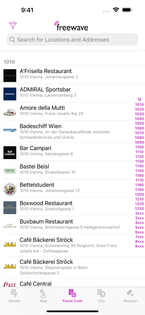 Freewaveモバイルアプリ内で、郵便番号で並べ替えられたウィーンの無料Wi-Fiホットスポットの場所のリスト
