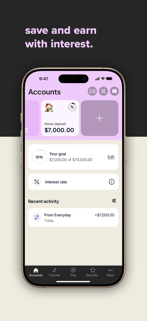 Dosh - A smartphone screen showing the Dosh app accounts page with a home deposit savings goal and interest earning progress