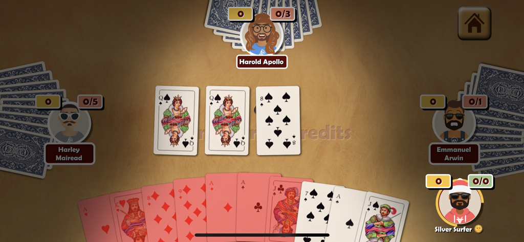 Oh Hell Online - Four players participating in an online card game match of Oh Hell showing avatars and trick predictions on a felt table background.