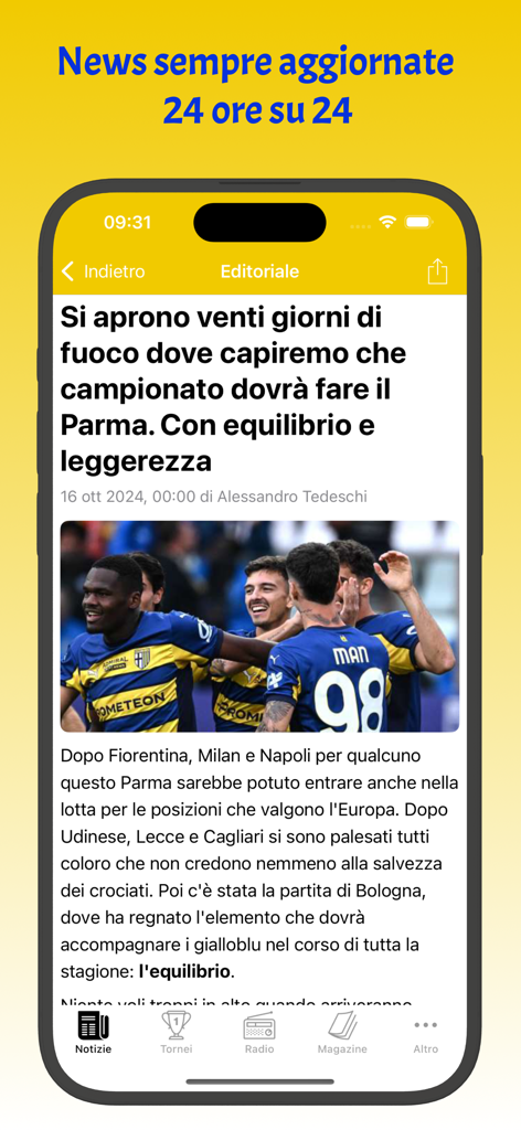 Smartphone screen showing the Parma Live app news article and editorial content with football players celebrating