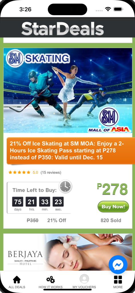 StarDeals app displaying a discount for SM Skating at Mall of Asia