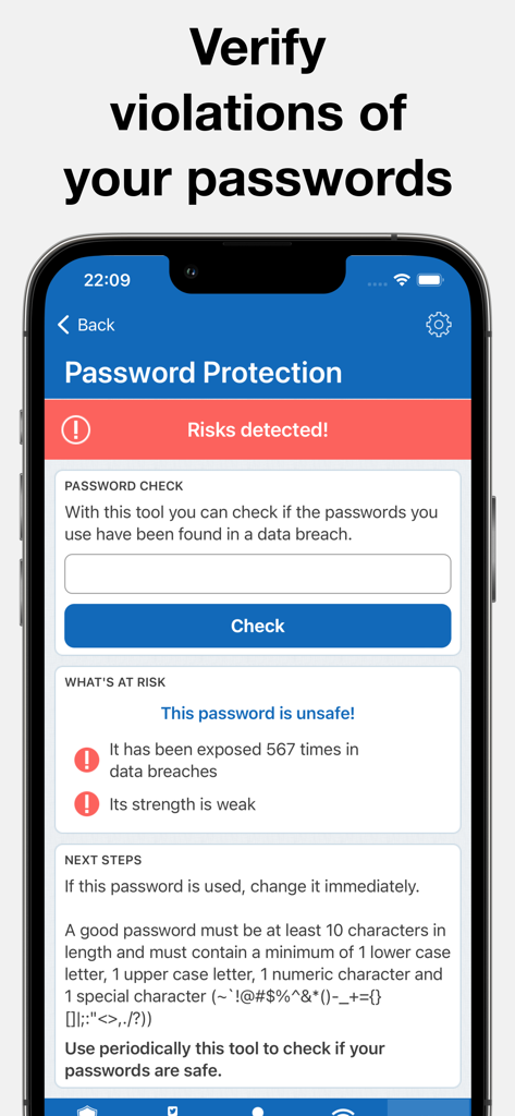 Interfaccia dell'app MyTop Mobile Security AI per la protezione delle password e gli avvisi di violazione dei dati