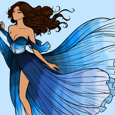 realistic woman in dress flowing the the wind