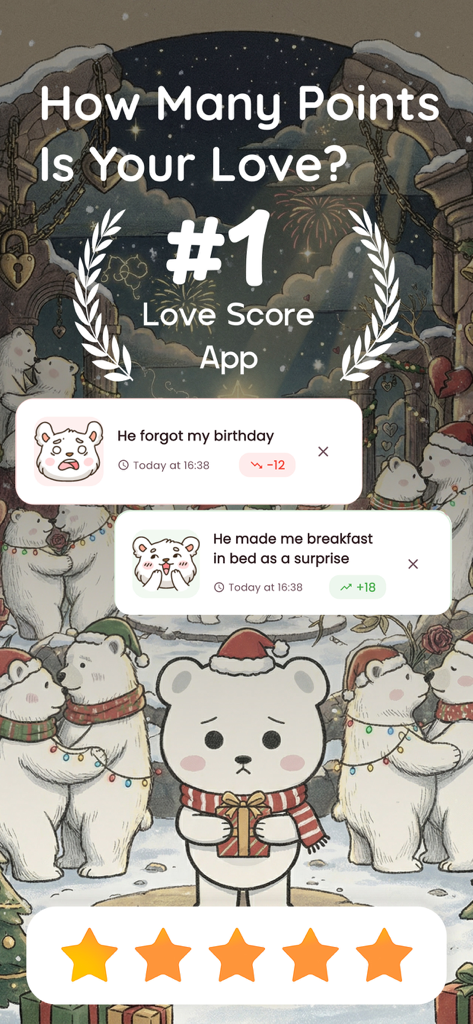 My Love Score: Love Tracker - My Love Score app interface showing relationship behavior tracking with points and cute polar bear illustrations.