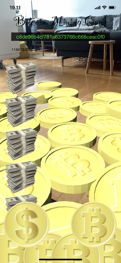 Bitcoin Mining Game - Augmented reality view of the Bitcoin Mining Game showing virtual coins and stacks of cash in a real room