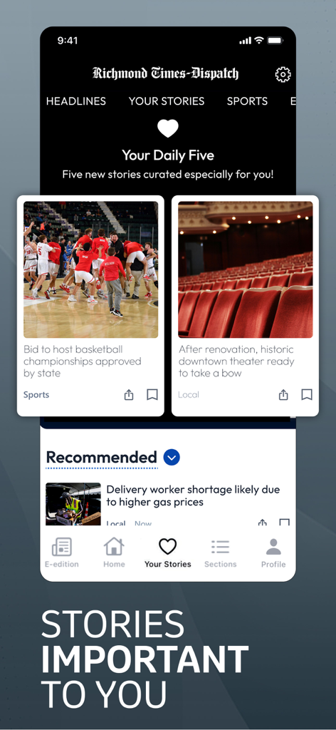 Richmond Times-Dispatch app interface showing a personalized news feed titled Your Daily Five with local sports and community stories.