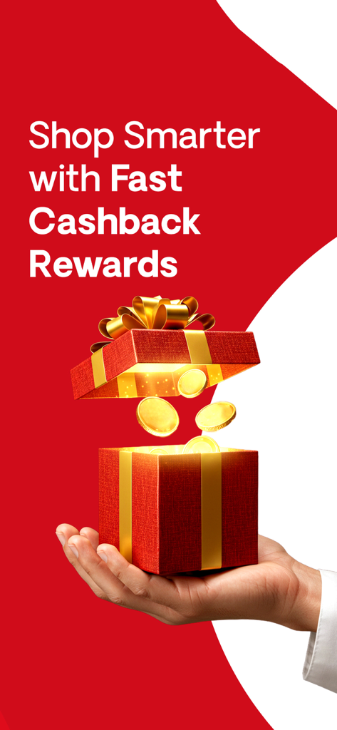 開いた赤いギフトボックスを手に持ち、金貨が飛び出し、高速キャッシュバック報酬に関するテキストが表示されている様子
