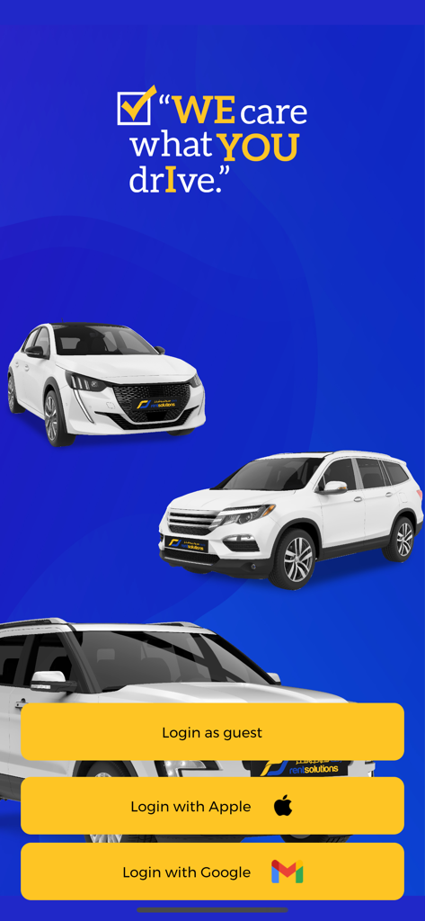 Rent Solutions mobile app welcome screen featuring a variety of white rental cars and login options